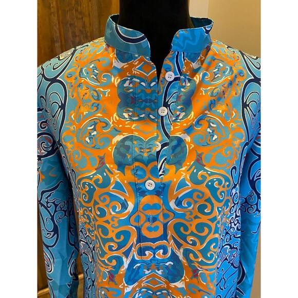 Boho Womens Blouse Size Large Button Down Blue Patterened Top Cuffed Sleeves - Picture 2 of 11